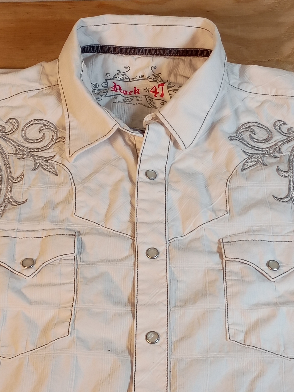Wrangler Rock 47 Mens XL Pearl Snap Shirt White Long Sleeve Western Embroidered